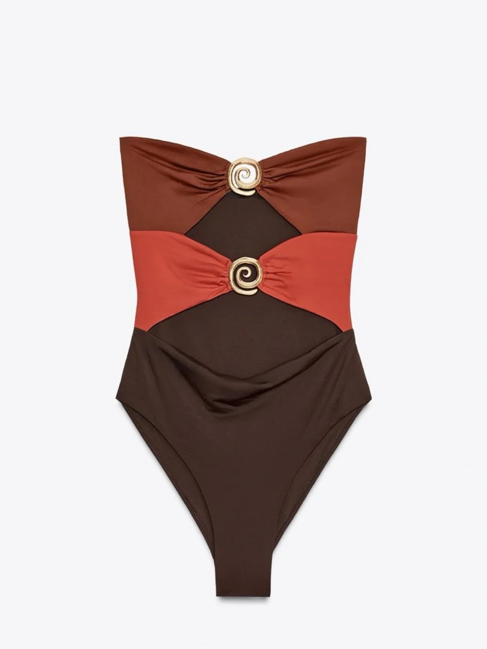 Zara Strapless Cutout One-Piece Swimsuit in Brown and Rust - Women Swim - Picture 6 of 7